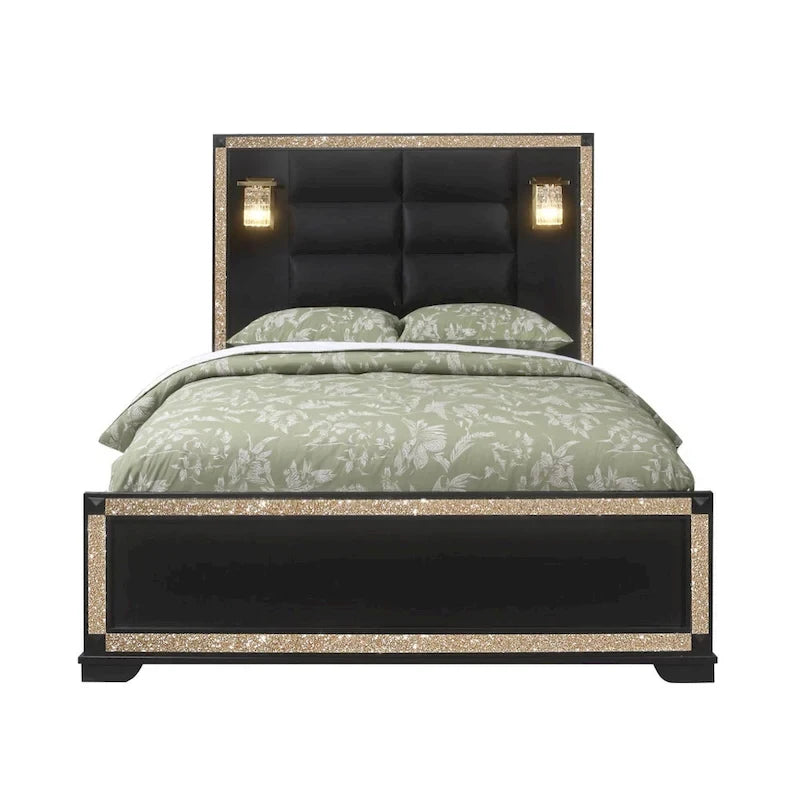 Cadre de lit queen-size lumineux HomeRoots en bois et tissu d'ameublement avec faux cristal noir brillant