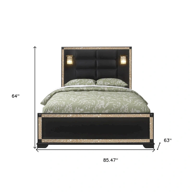 Cadre de lit queen-size lumineux HomeRoots en bois et tissu d'ameublement avec faux cristal noir brillant