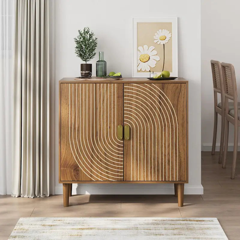 Buffet en noyer, meuble de rangement indépendant avec étagère réglable et design rainuré