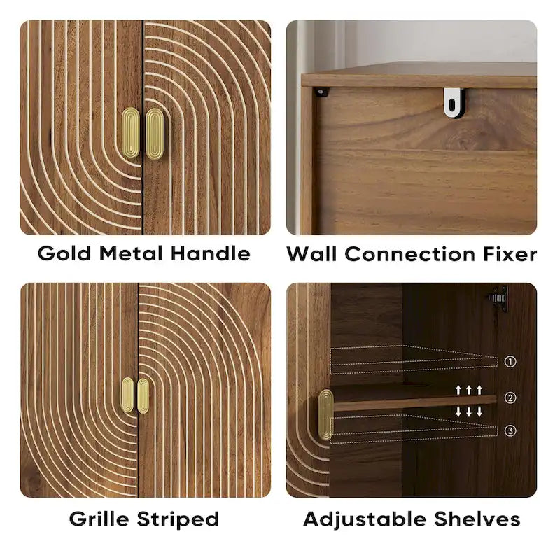 Buffet en noyer, meuble de rangement indépendant avec étagère réglable et design rainuré