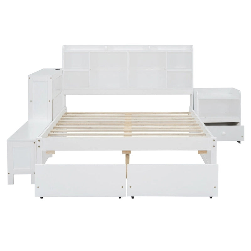 Lit plateforme en bois massif avec rangement, table de chevet, bureau, ports USB et 2 tiroirs, blanc