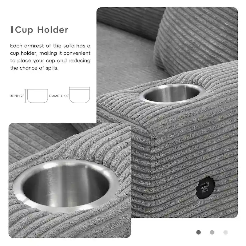 Canapé d'angle en velours côtelé 134 avec canapé d'angle en forme de nuage et chargement USB et méridienne 50 (capacité de 150 kg)