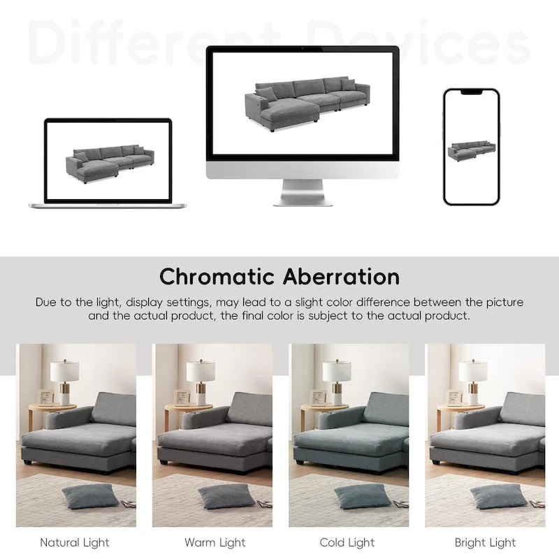Canapé d'angle en velours côtelé 134 avec canapé d'angle en forme de nuage et chargement USB et méridienne 50 (capacité de 150 kg)