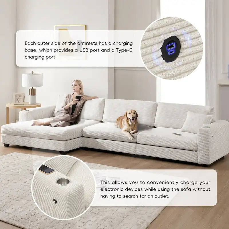 Canapé d'angle en velours côtelé 134 avec canapé d'angle en forme de nuage et chargement USB et méridienne 50 (capacité de 150 kg)