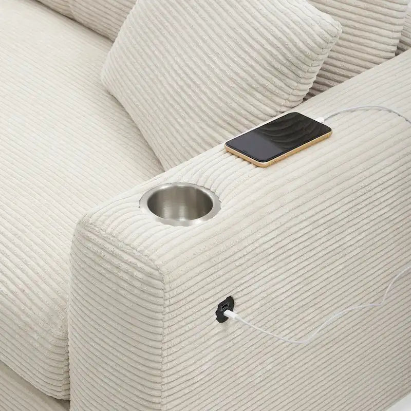 Canapé d'angle en velours côtelé 134 avec canapé d'angle en forme de nuage et chargement USB et méridienne 50 (capacité de 150 kg)