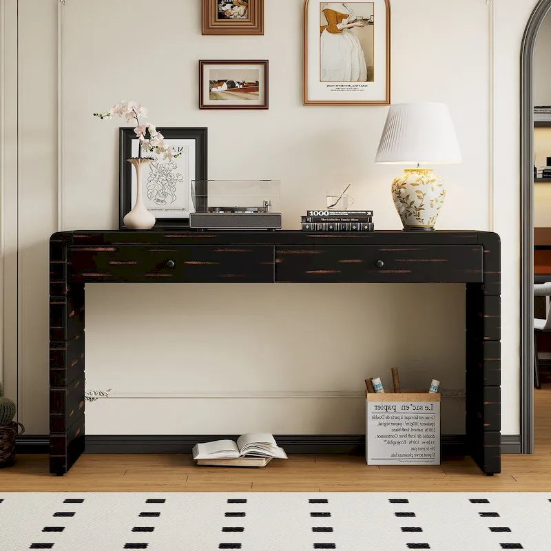 Console d'entrée en bois courbé avec rangement, 2 tiroirs, style rustique