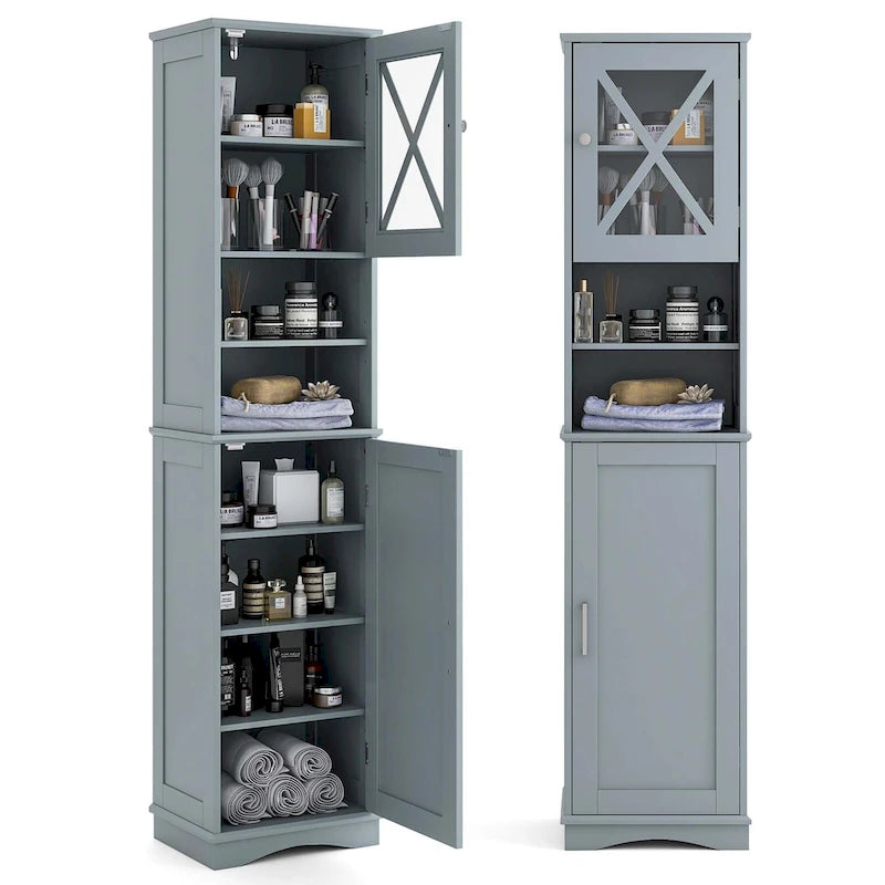 Armoire de salle de bain autoportante Costway 67 pouces (170 cm) avec rangement intégré et 5 compartiments - Voir les détails