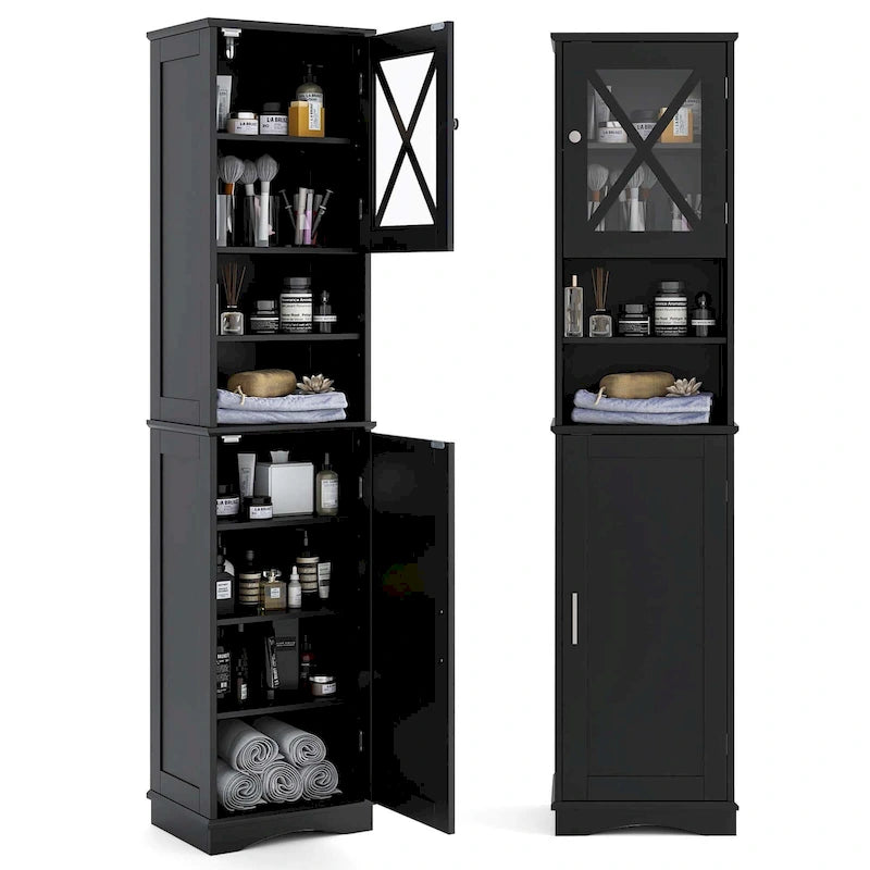 Armoire de salle de bain autoportante Costway 67 pouces (170 cm) avec rangement intégré et 5 compartiments - Voir les détails