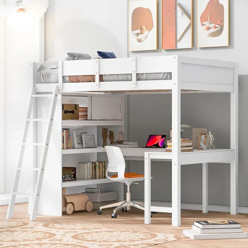 Lit mezzanine double avec bureau et étagère - Blanc