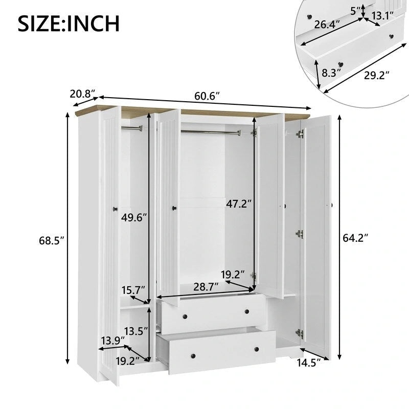 Armoire-penderie à quatre portes et deux tiroirs - 60,6 cm (L) x 20,8 cm (l) x 68,5 cm (H)