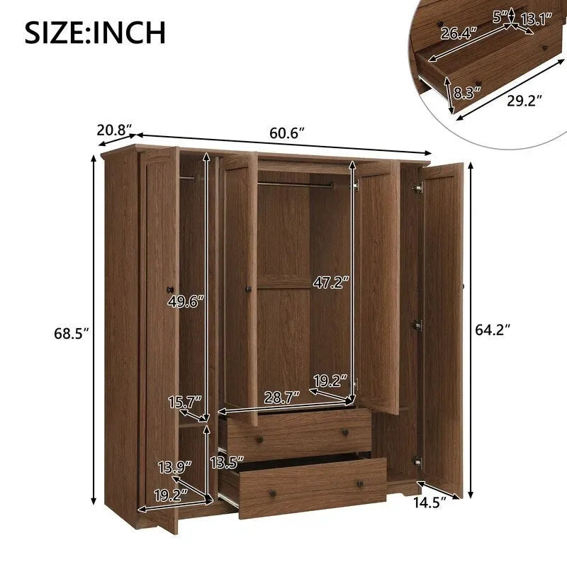 Armoire-penderie à quatre portes et deux tiroirs - 60,6 cm (L) x 20,8 cm (l) x 68,5 cm (H)
