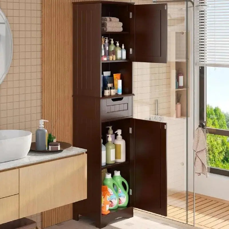 Armoire de salle de bain haute de 67 cm, colonne de rangement étroite avec 2 portes et tiroir.