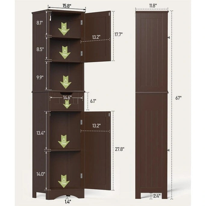 Armoire de salle de bain haute de 67 cm, colonne de rangement étroite avec 2 portes et tiroir.
