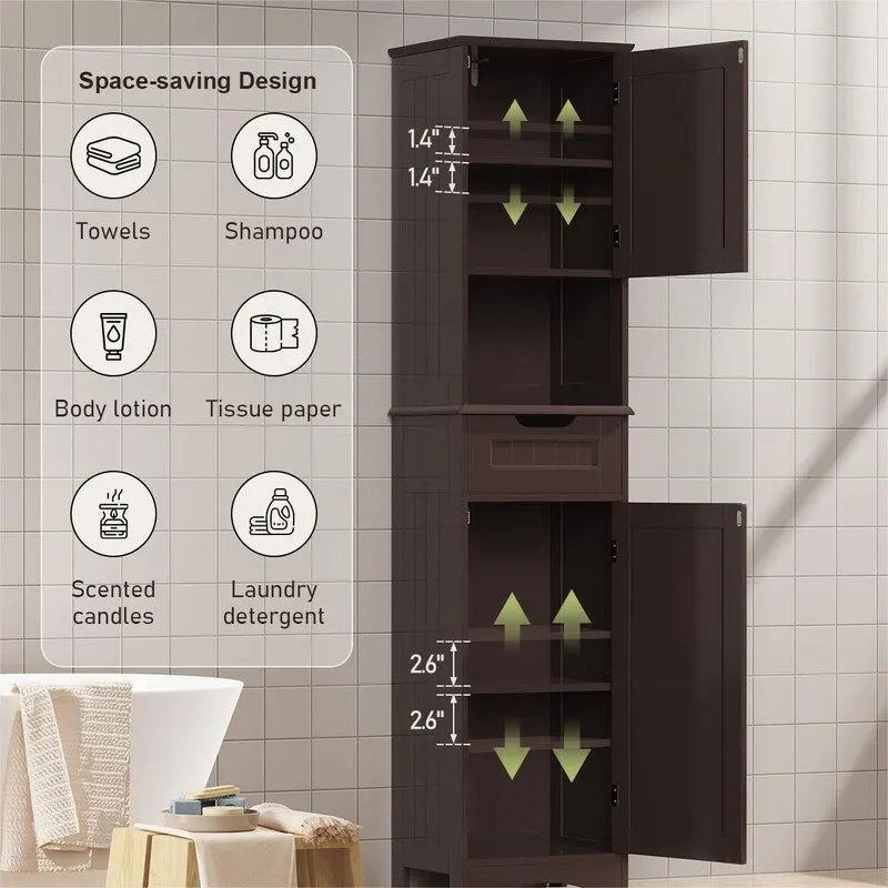 Armoire de salle de bain haute de 67 cm, colonne de rangement étroite avec 2 portes et tiroir.
