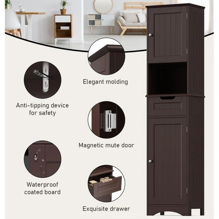 Armoire de salle de bain haute de 67 cm, colonne de rangement étroite avec 2 portes et tiroir.