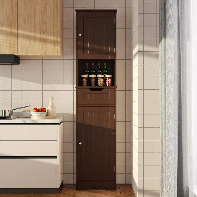 Armoire de salle de bain haute de 67 cm, colonne de rangement étroite avec 2 portes et tiroir.