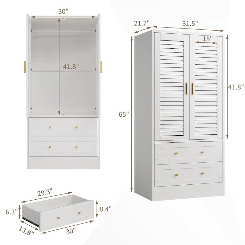 Armoire-penderie blanche à deux portes, équipée de penderies et de deux tiroirs, style moderne pour chambre à coucher.