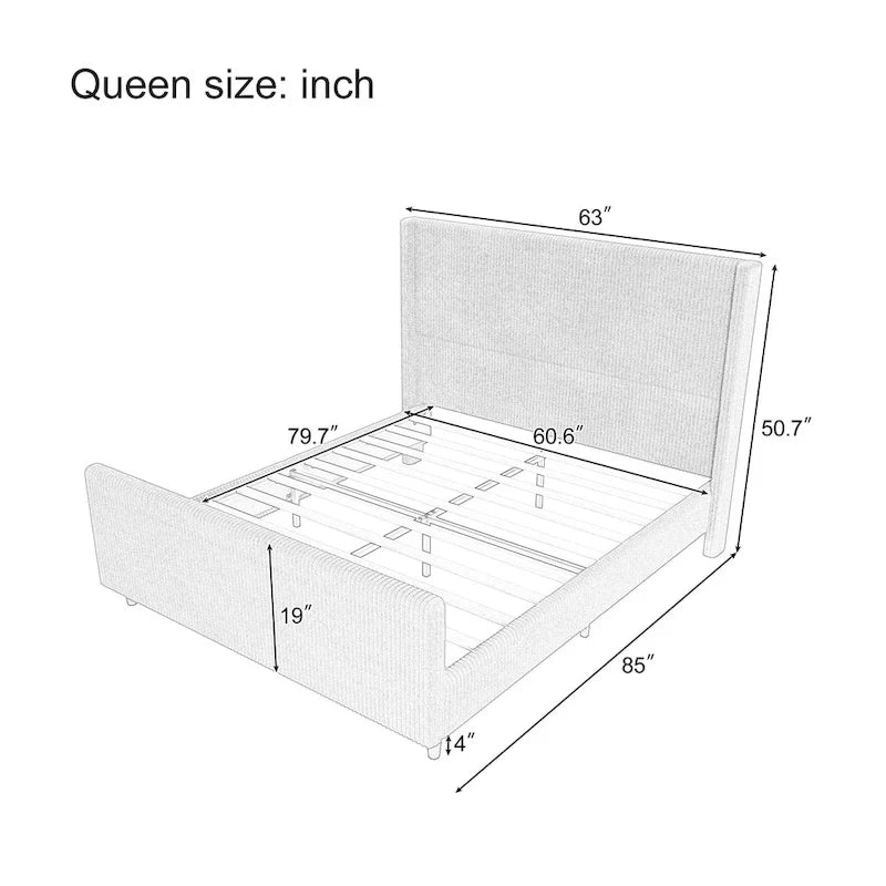 Lit à oreilles capitonné en velours côtelé avec tête et pied de lit à rayures verticales, lit plateforme bas, lit à panneaux traîneau