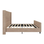 Lit à oreilles capitonné en velours côtelé avec tête et pied de lit à rayures verticales, lit plateforme bas, lit à panneaux traîneau