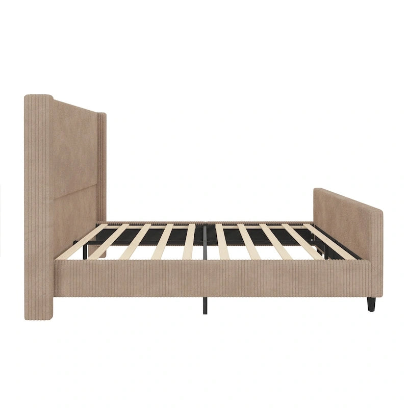 Lit à oreilles capitonné en velours côtelé avec tête et pied de lit à rayures verticales, lit plateforme bas, lit à panneaux traîneau