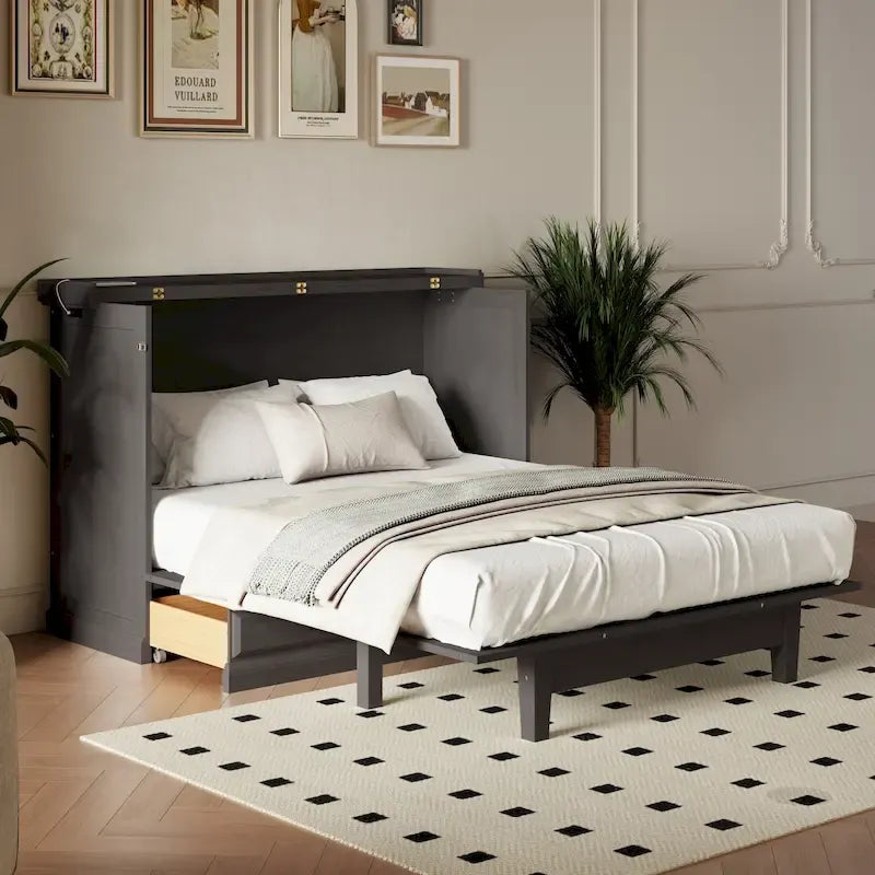 Lit escamotable de style campagnard, commode cubique convertible gain de place avec grands tiroirs et station de recharge, lit plateforme pliable