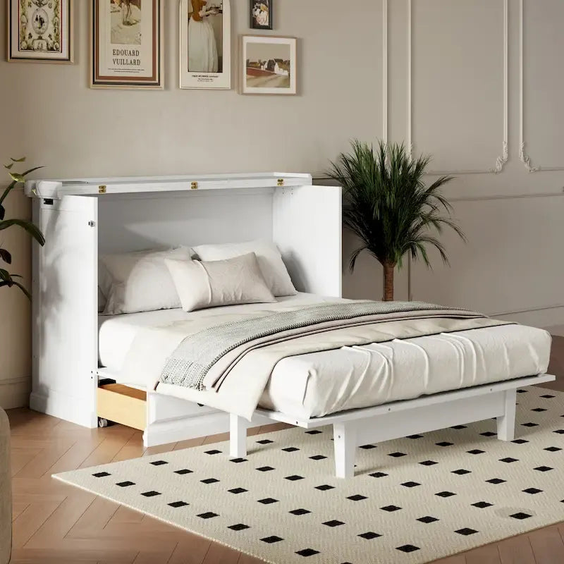 Lit escamotable de style campagnard, commode cubique convertible gain de place avec grands tiroirs et station de recharge, lit plateforme pliable