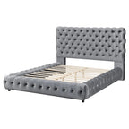 Lit king size contemporain capitonné 1 pièce, gris, avec tête et pied de lit.