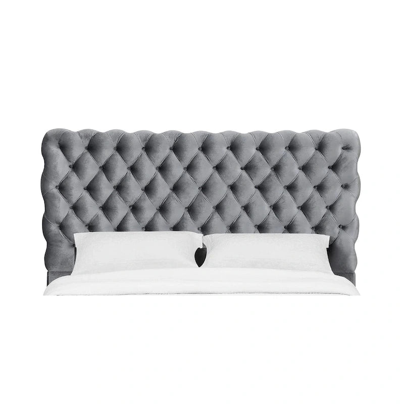 Lit king size contemporain capitonné 1 pièce, gris, avec tête et pied de lit.