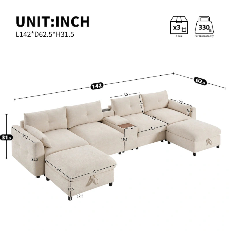 Canapé d'angle modulaire en forme de U de 142 pouces avec poufs de rangement et console