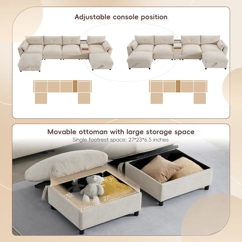 Canapé d'angle modulaire en forme de U de 142 pouces avec poufs de rangement et console