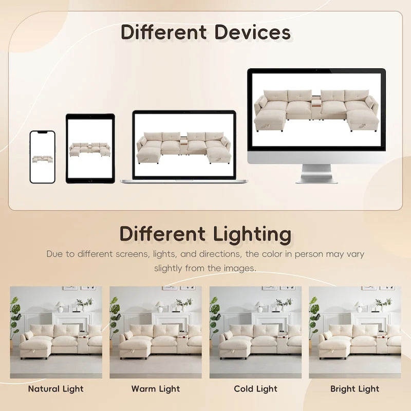 Canapé d'angle modulaire en forme de U de 142 pouces avec poufs de rangement et console