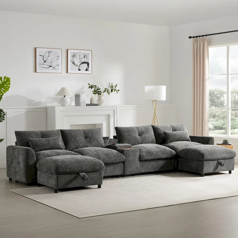 Canapé d'angle modulaire en forme de U de 142 pouces avec poufs de rangement et console