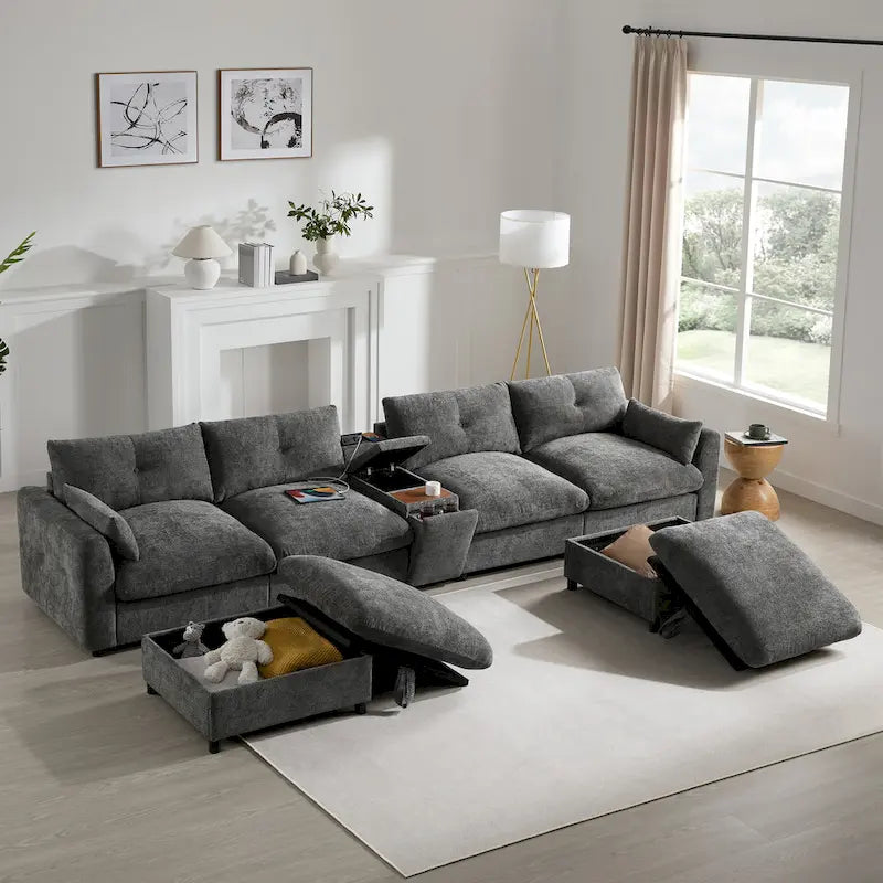 Canapé d'angle modulaire en forme de U de 142 pouces avec poufs de rangement et console