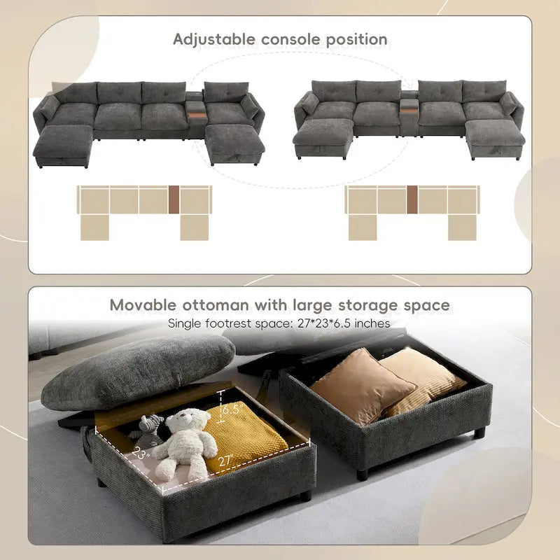 Canapé d'angle modulaire en forme de U de 142 pouces avec poufs de rangement et console