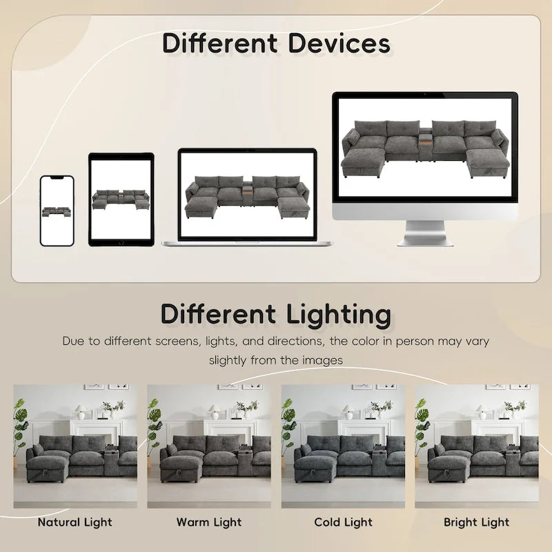 Canapé d'angle modulaire en forme de U de 142 pouces avec poufs de rangement et console