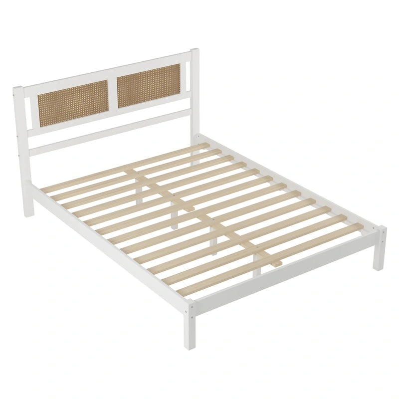 Lit plateforme en bois de style moderne avec tête de lit en rotin naturel pour chambre à coucher