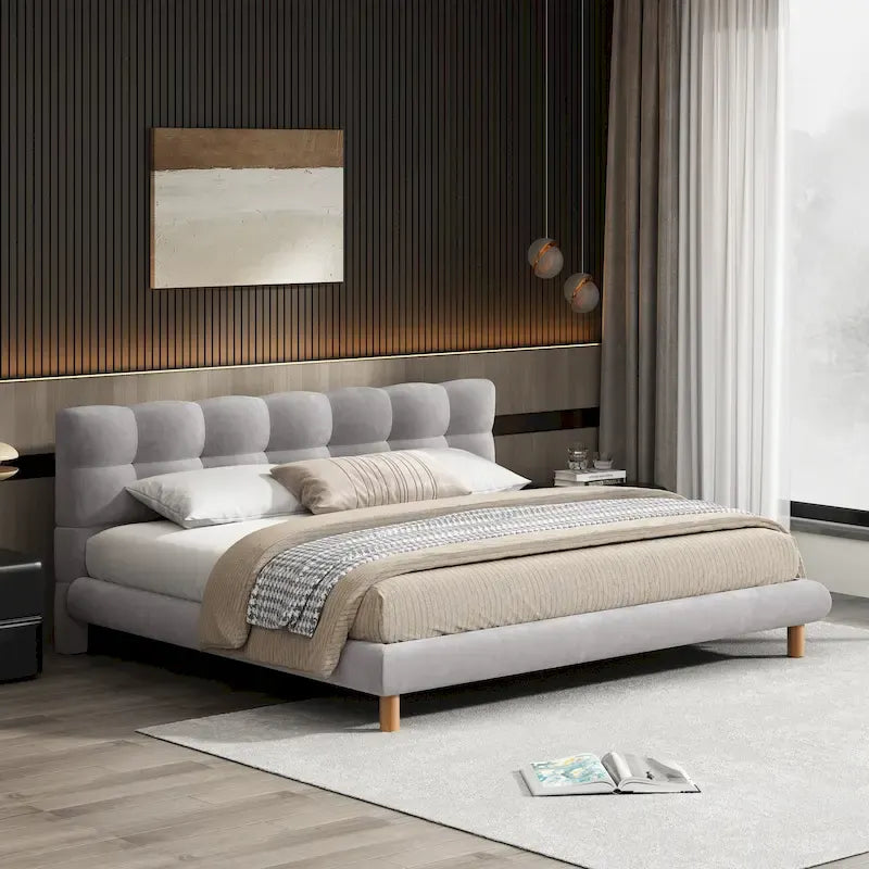 Plateforme rembourrée King Size avec tête de lit en forme de biscuit et sommier à 12 lattes