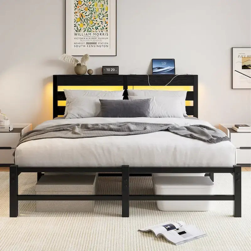 Queen Size Modern Metal Bed with Wooden Headboard,RGB Lights and Storage Shelf for Bedroom