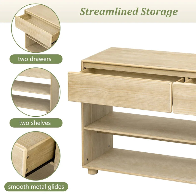 Console en bois massif de 48 pouces avec 2 tiroirs et 2 étagères, pieds en bois massif et pieds réglables.