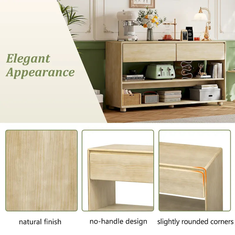 Console en bois massif de 48 pouces avec 2 tiroirs et 2 étagères, pieds en bois massif et pieds réglables.