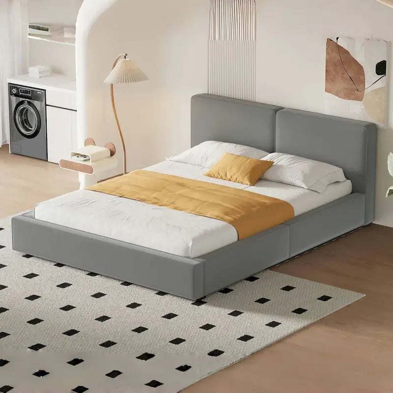 Lit rembourré gris Queen Size avec tissu en velours