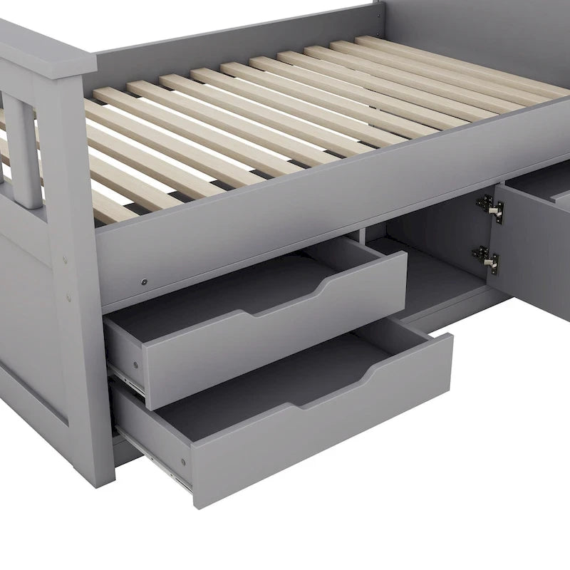 Lit plateforme capitaine gris pour une personne avec quatre tiroirs, bibliothèques et étagères de rangement