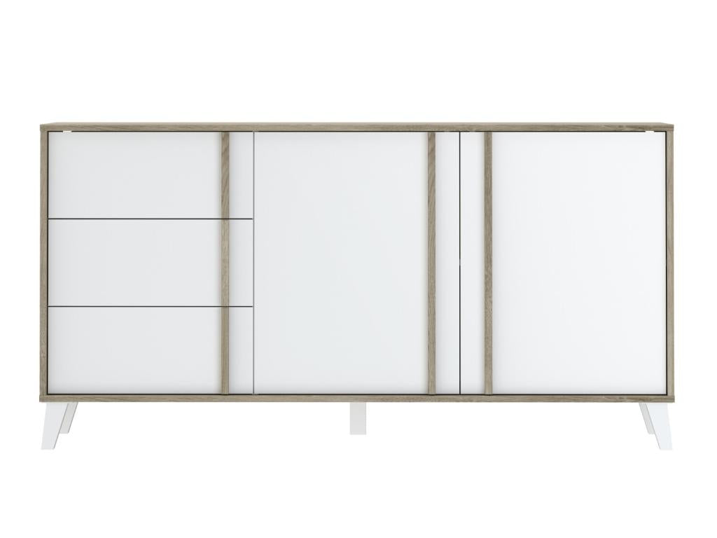 Buffet meuble de rangement en mélamine coloris chêne et blanc - L- 160 x P- 45 x H- 82 cm
