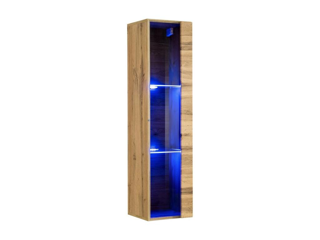 Vitrine suspendue coloris chêne petit modèle avec 1 porte vitrée et éclairage LED inclus- Collection SWITCH.