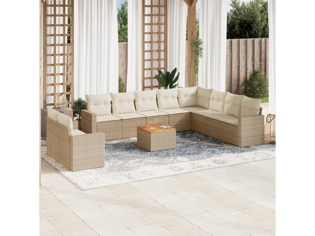 Salon de jardin 11 pcs avec coussins beige résine tressée