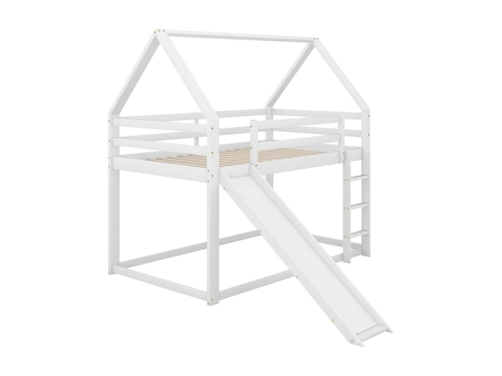 Lit superposé 90x200cm lit cabane d'enfant avec toboggan et échelle avec 1x sommier à Vertchez blanc