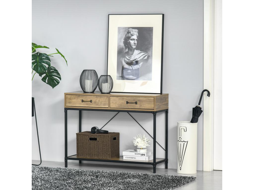 Table console d'appoint design industriel dim- 100L x 35l x 76H cm 2 tiroirs poignées laiton vieilli étagère métal noir aspect bois veinage