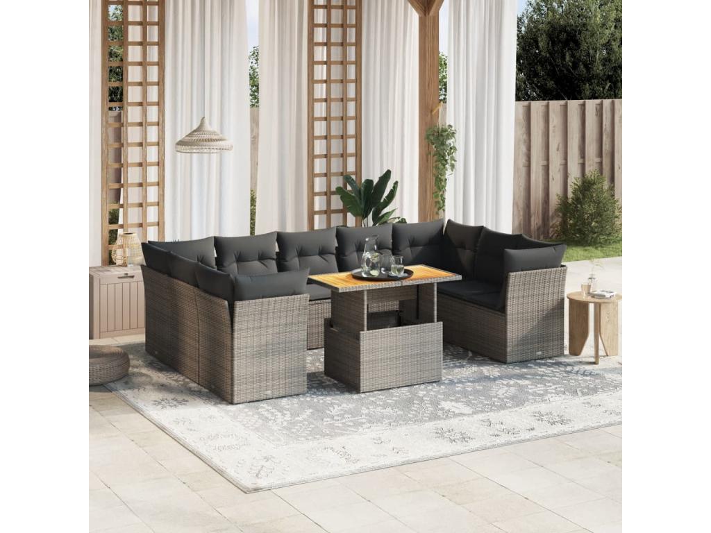 Salon de jardin avec coussins 10 pcs gris résine tressée