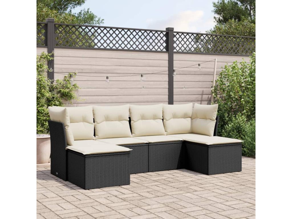 Salon de jardin 6 pcs avec coussins noir résine tressée
