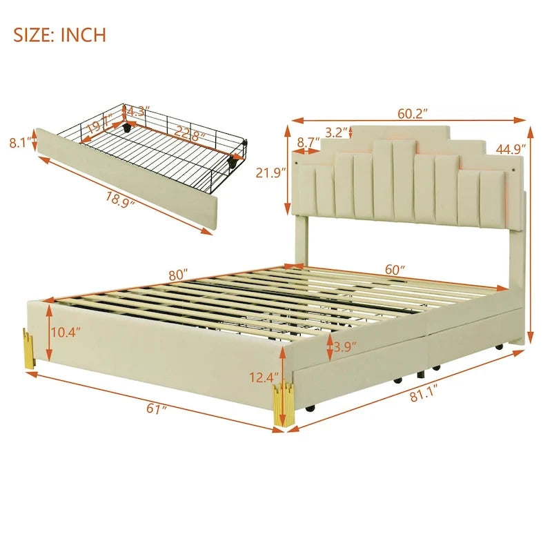Lit plateforme rembourré Queen Size avec lumières LED et 4 tiroirs
